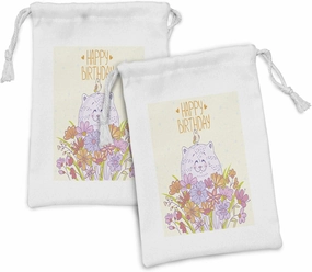 Ambesonne Birthday Fabric Pouch Set of 2, Happy Cat and Bird Meadow Flowers Bouquet Corsage Positive, Small Drawstring Bag for Toiletries Masks and Favors, 9" x 6", Pale Yellow Lilac Orange