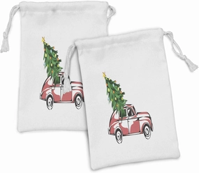 Ambesonne Christmas Fabric Pouch Set of 2, Retro Classic Red Car Carrying Big Xmas Tree with Star and Cartoon Design Print, Small Drawstring Bag for Toiletries Masks and Favors, 9" x 6", White Red