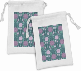 Ambesonne Peony Fabric Pouch Set of 2, Continuous Pointy Petals and Rose Family Flower Leaves Arrangement Pattern, Small Drawstring Bag for Toiletries Masks and Favors, 9" x 6", Teal and Pale Mauve