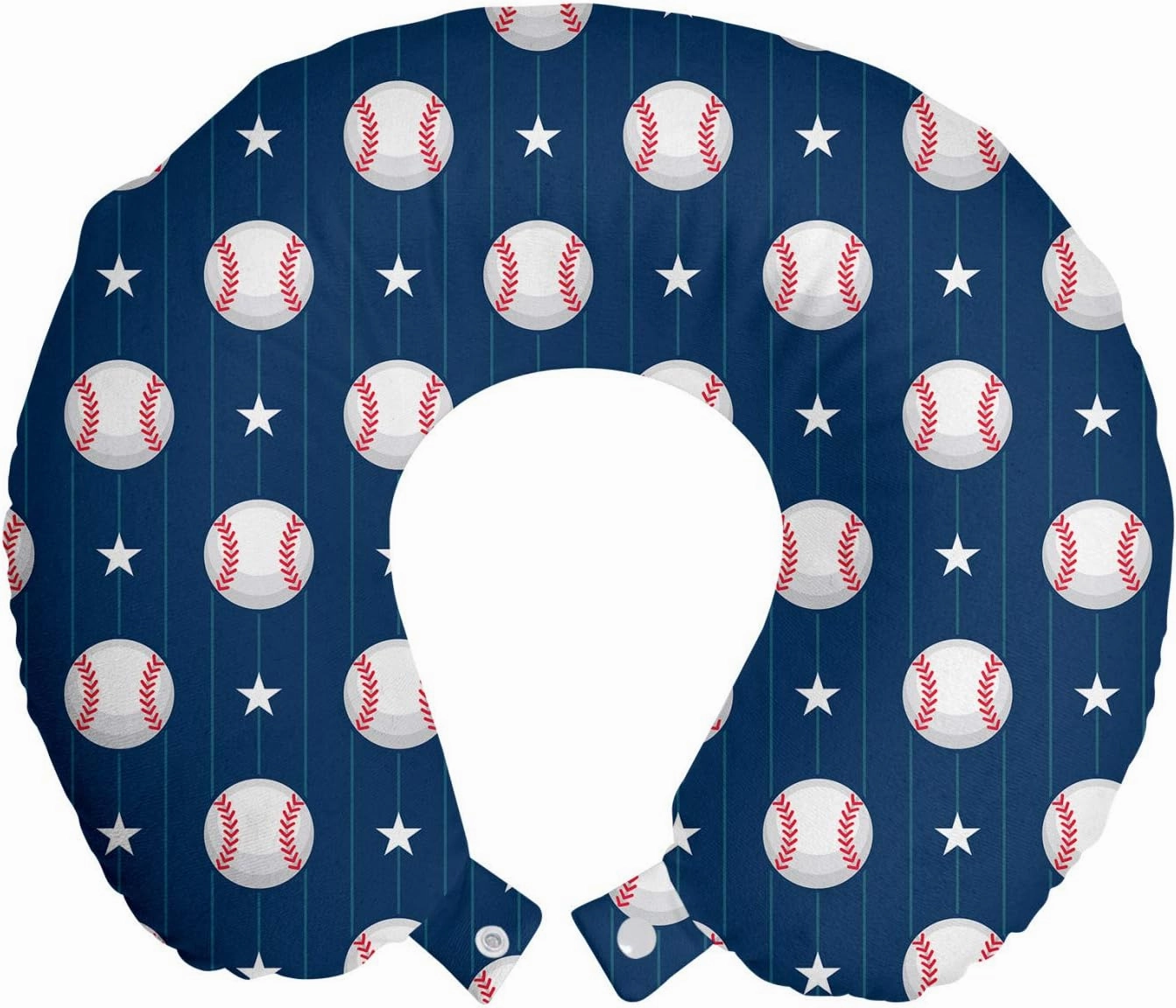 Ambesonne Sports Travel Pillow Neck Rest, Baseball Patterns on Vertical Striped Background Stars Design, Memory Foam Traveling Accessory for Airplane and Car, 12", Blue Red