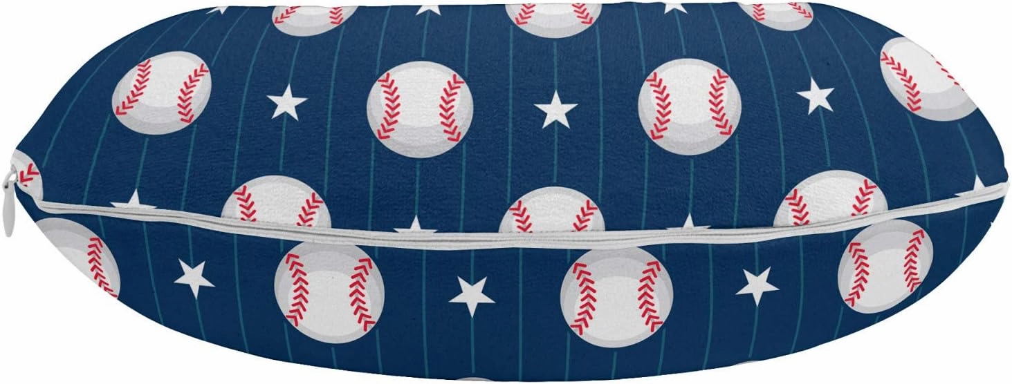 Ambesonne Sports Travel Pillow Neck Rest, Baseball Patterns on Vertical Striped Background Stars Design, Memory Foam Traveling Accessory for Airplane and Car, 12", Blue Red