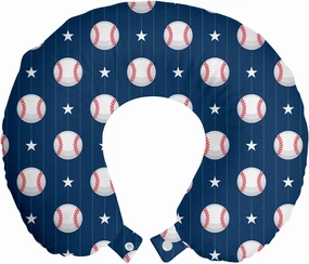 Ambesonne Sports Travel Pillow Neck Rest, Baseball Patterns on Vertical Striped Background Stars Design, Memory Foam Traveling Accessory for Airplane and Car, 12", Blue Red
