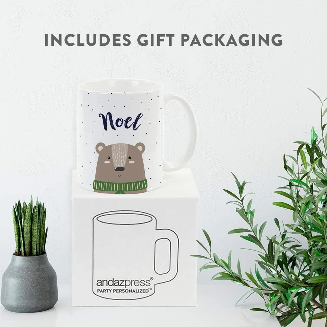 Andaz Press Personalized 11oz. Christmas Hot Chocolate Coffee Mug Gift, Brown Bear, 1-Pack, Custom Name Birthday Present Ideas for Him Her, Includes Gift Box