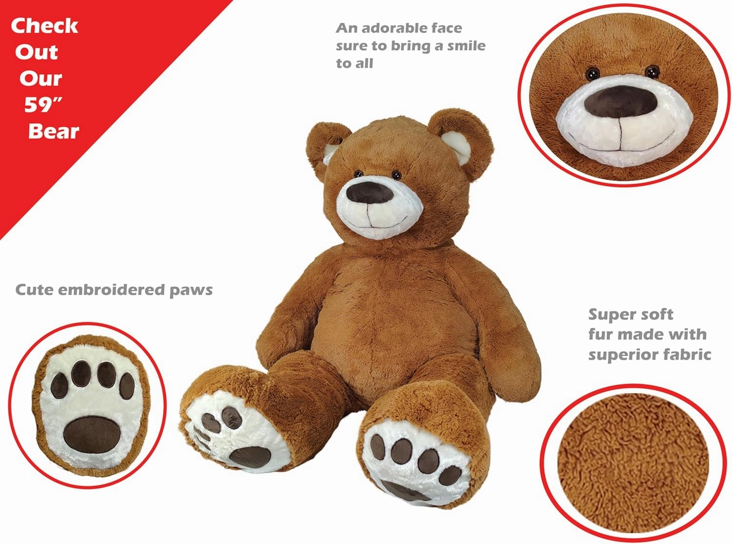 Anico 59" Tall (5 Foot) Giant Plush Bear, Stuffed Animal, Medium Brown Teddy Bear with Smiling Face. Premium Stuffed Toy Teddy Bear, Perfect for Girlfriend, Kids, Valentine's Day, Christmas!