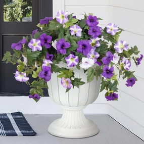 Artificial Fake Flowers Plants for Outdoor Decoration, 2PCS Spring Faux Petunias Silk Flower UV Resistant No Fade Floral for Home Garden Balcony Yard Porch Realistic Indoor Decor (Purple White)