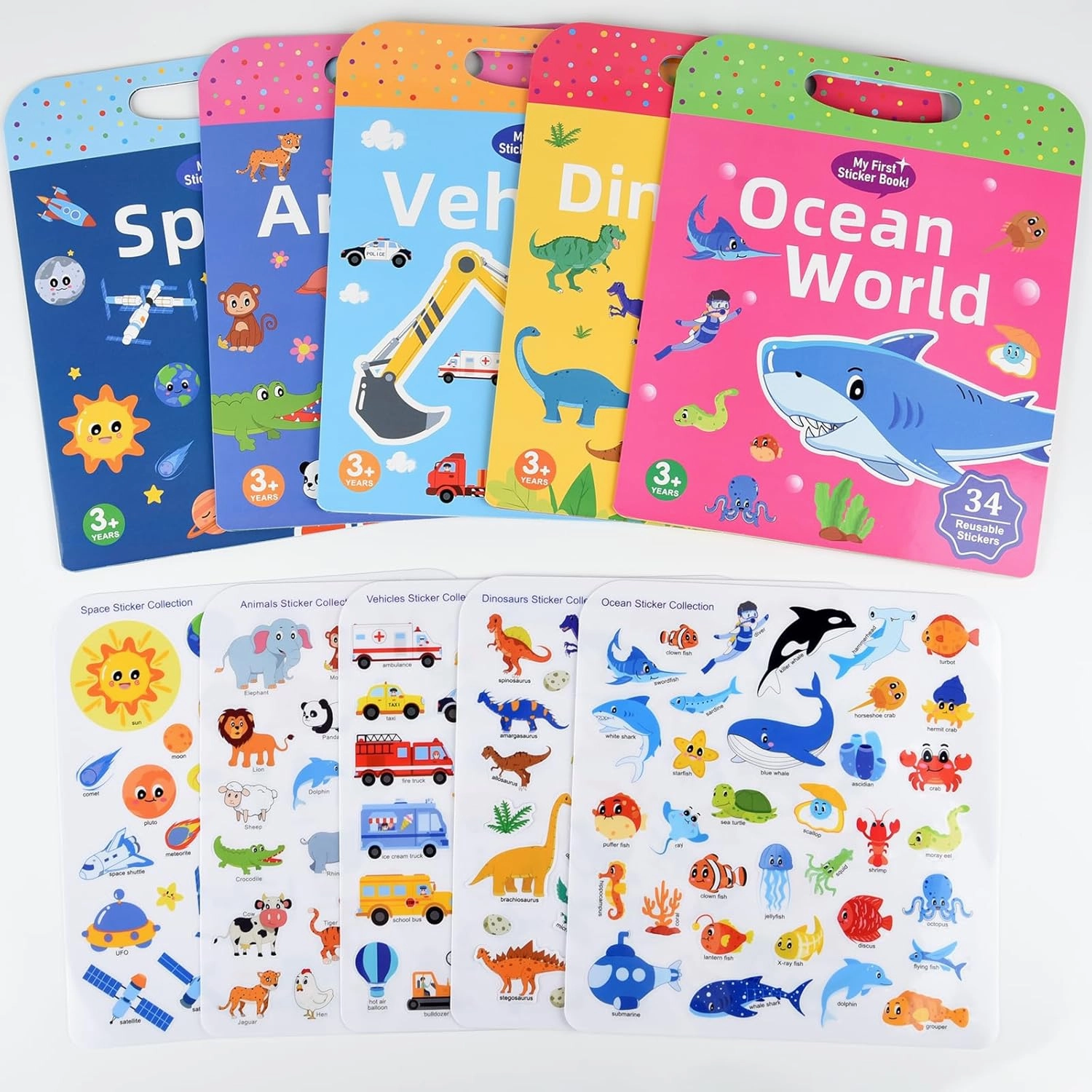 ASTARON 5 Pack Reusable 3D Puffy Sticker Books for Kids 3-6, Jelly Sticker Game Educational Sensory Learning Toy, Travel Toys and Busy Book(Vehicle Dino Animal Ocean Space)