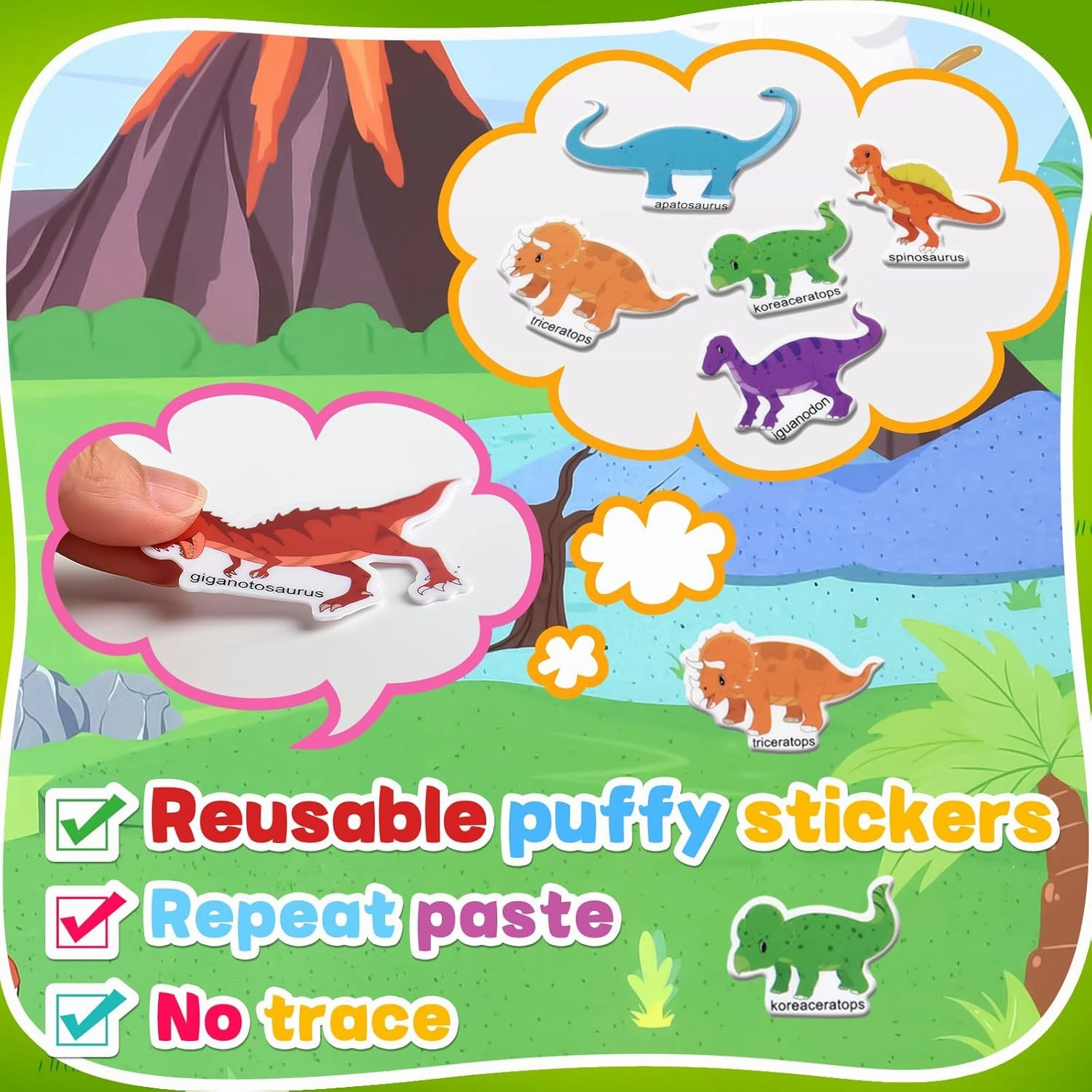 ASTARON 5 Pack Reusable 3D Puffy Sticker Books for Kids 3-6, Jelly Sticker Game Educational Sensory Learning Toy, Travel Toys and Busy Book(Vehicle Dino Animal Ocean Space)