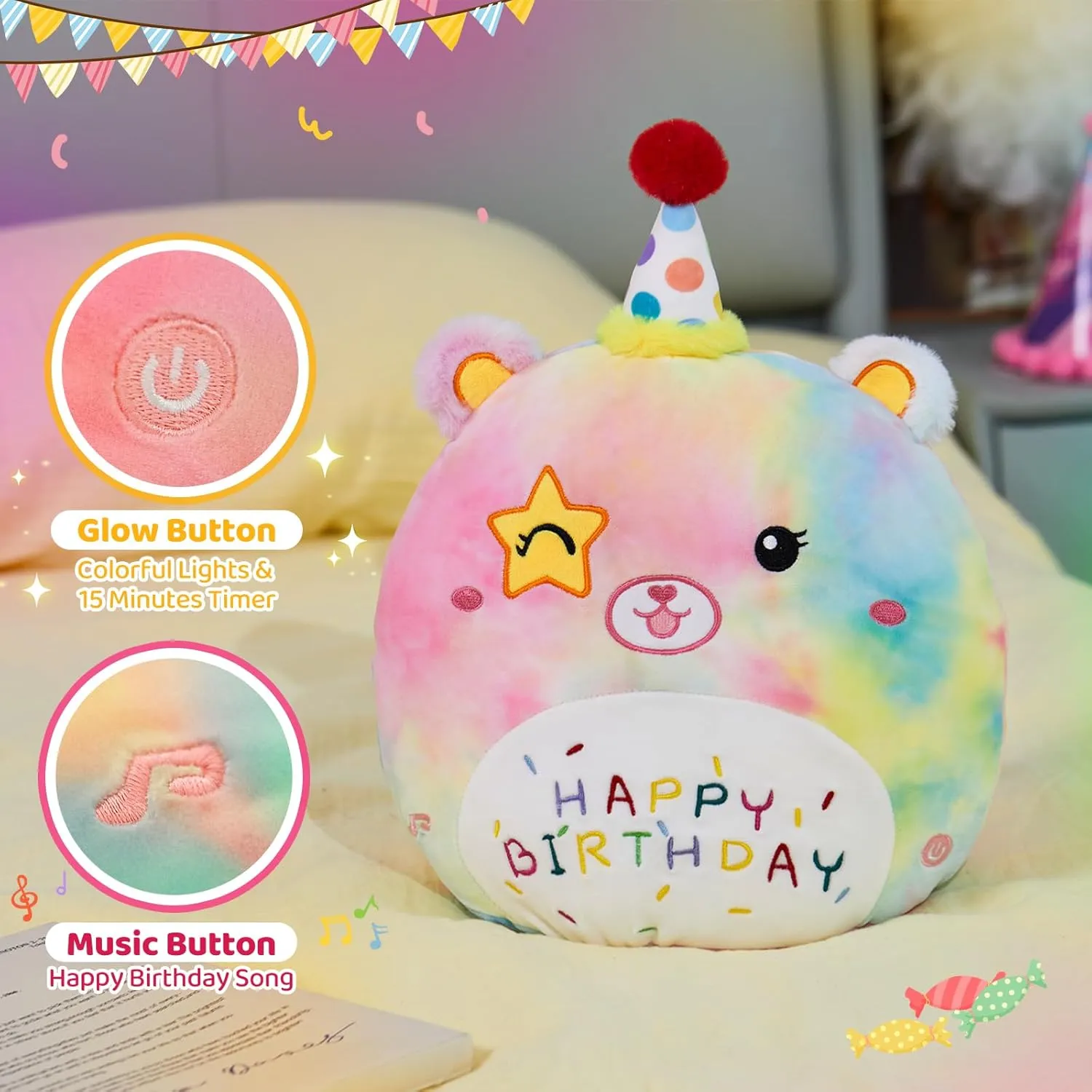 Athoinsu 14" Happy Birthday Light up Musical Bear Plush Pillow Cute Rainbow Stuffed Animal Soft Kawaii Birthday Plushie Star Wink Funny Pillows Home Room Decoration Gifts for Toddlers Kids Girls