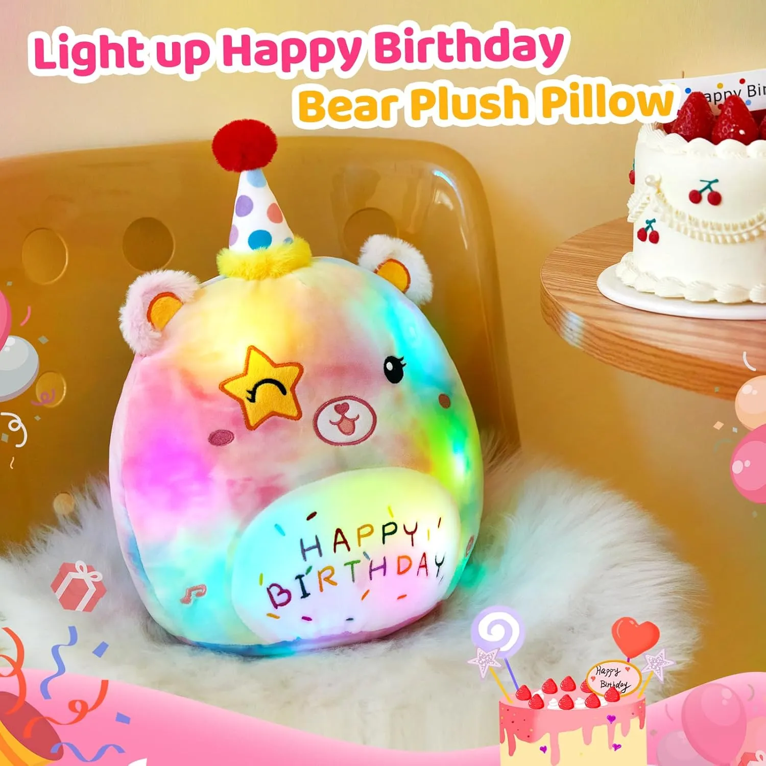 Athoinsu 14" Happy Birthday Light up Musical Bear Plush Pillow Cute Rainbow Stuffed Animal Soft Kawaii Birthday Plushie Star Wink Funny Pillows Home Room Decoration Gifts for Toddlers Kids Girls