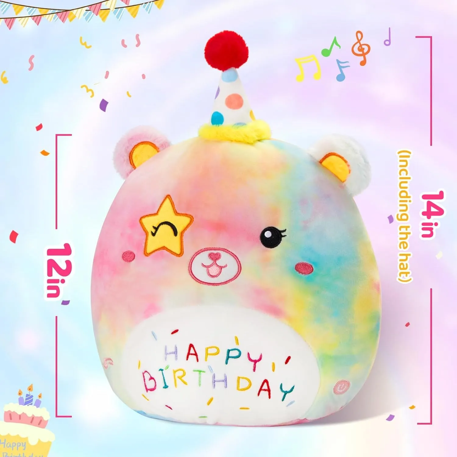 Athoinsu 14" Happy Birthday Light up Musical Bear Plush Pillow Cute Rainbow Stuffed Animal Soft Kawaii Birthday Plushie Star Wink Funny Pillows Home Room Decoration Gifts for Toddlers Kids Girls