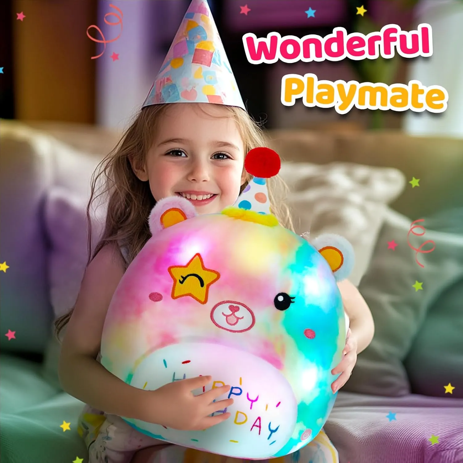 Athoinsu 14" Happy Birthday Light up Musical Bear Plush Pillow Cute Rainbow Stuffed Animal Soft Kawaii Birthday Plushie Star Wink Funny Pillows Home Room Decoration Gifts for Toddlers Kids Girls