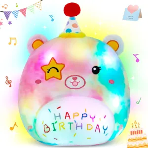 Athoinsu 14" Happy Birthday Light up Musical Bear Plush Pillow Cute Rainbow Stuffed Animal Soft Kawaii Birthday Plushie Star Wink Funny Pillows Home Room Decoration Gifts for Toddlers Kids Girls