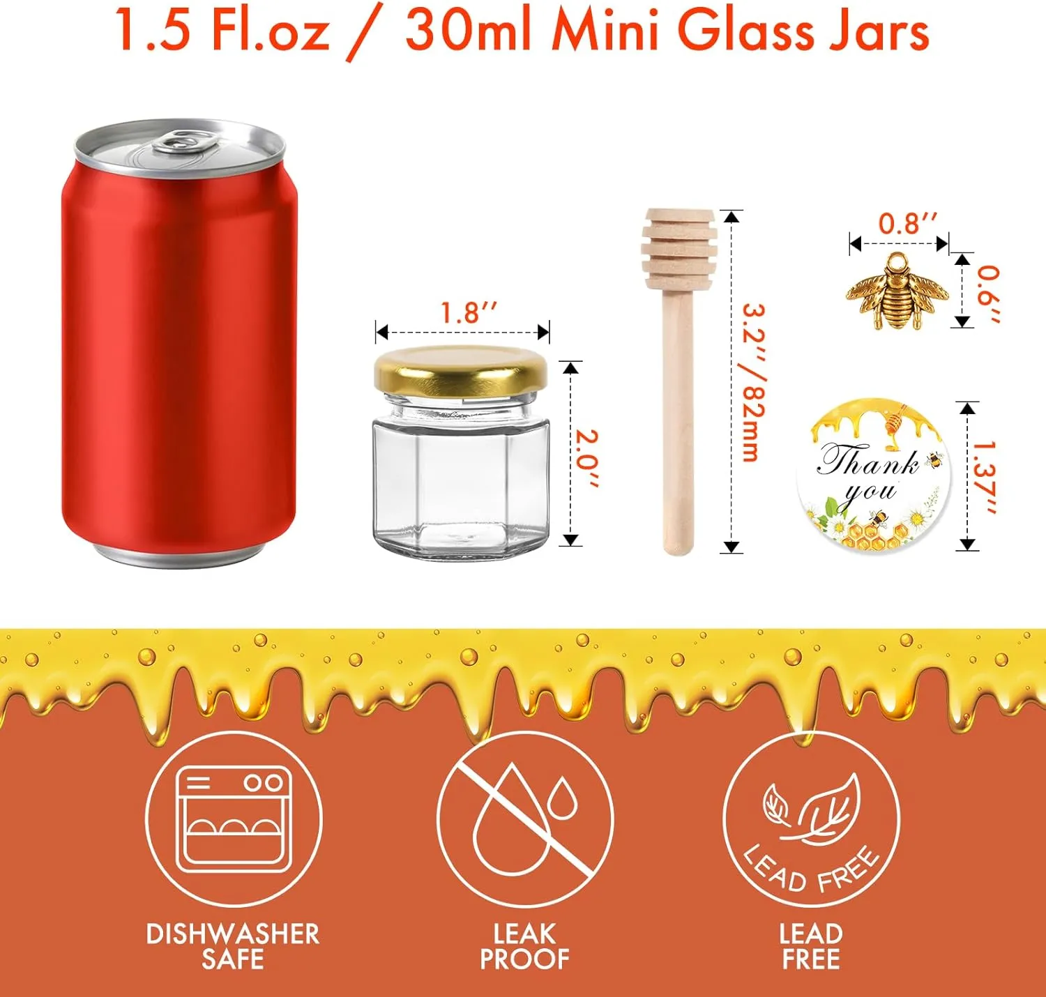 AuroTrends 1.5oz Mini Honey Jars with Dipper 30Pack, Glass Jars for Baby Shower Favors/Wedding Favors for Guests Bulk-Mini Canning Jars with Wooden Dippers/Bee Charms (1.5 fl.oz-30Pack)