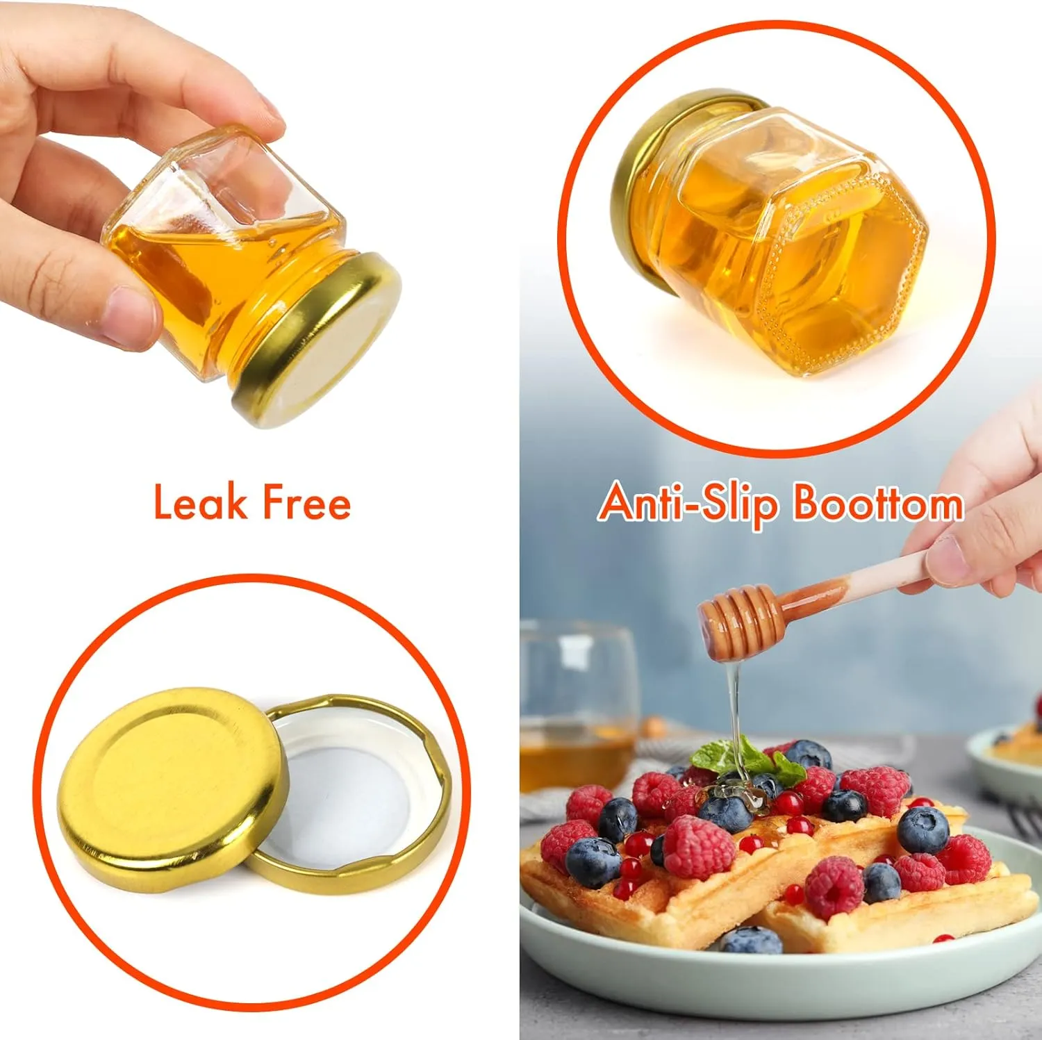 AuroTrends 1.5oz Mini Honey Jars with Dipper 30Pack, Glass Jars for Baby Shower Favors/Wedding Favors for Guests Bulk-Mini Canning Jars with Wooden Dippers/Bee Charms (1.5 fl.oz-30Pack)