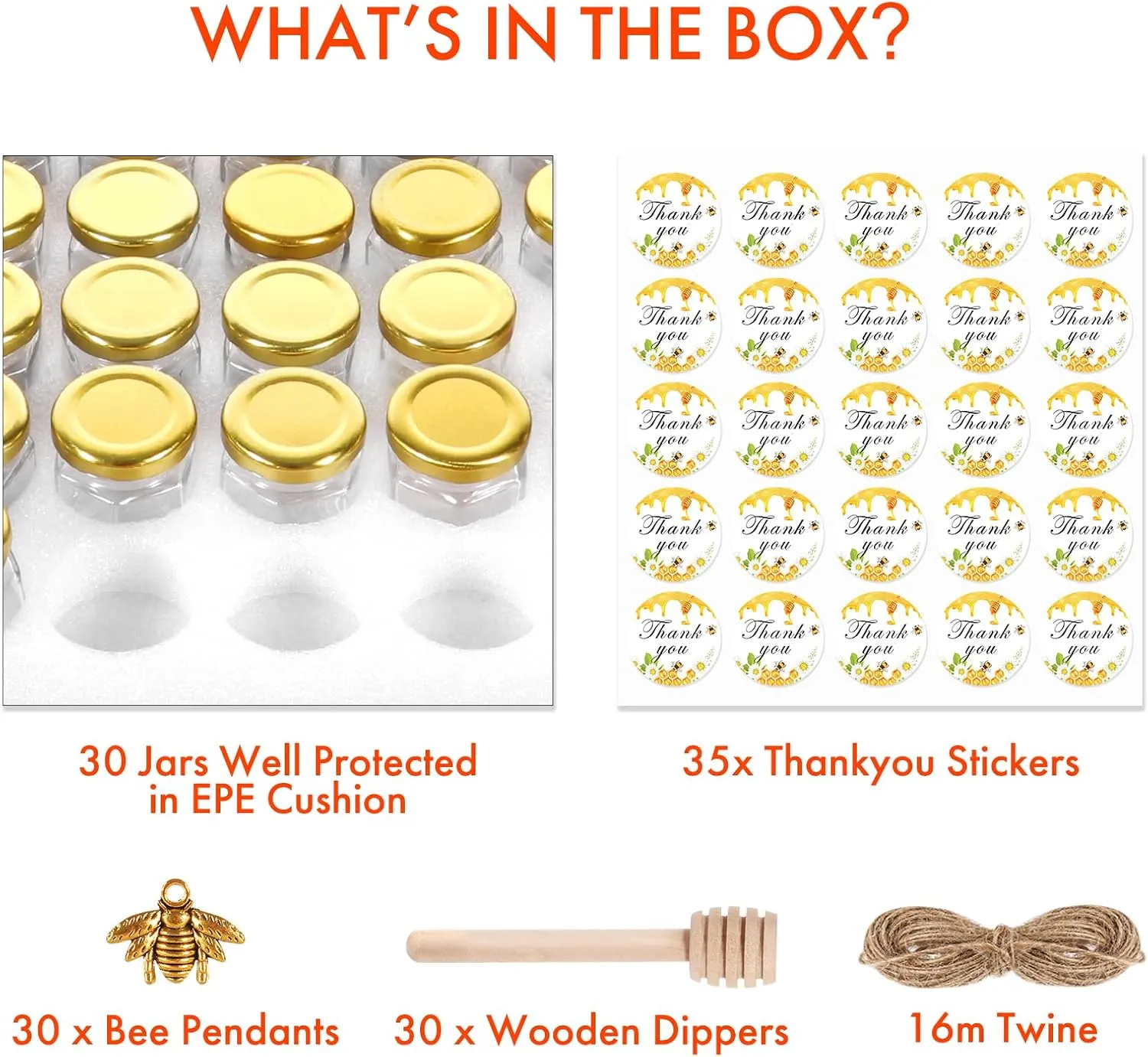 AuroTrends 1.5oz Mini Honey Jars with Dipper 30Pack, Glass Jars for Baby Shower Favors/Wedding Favors for Guests Bulk-Mini Canning Jars with Wooden Dippers/Bee Charms (1.5 fl.oz-30Pack)