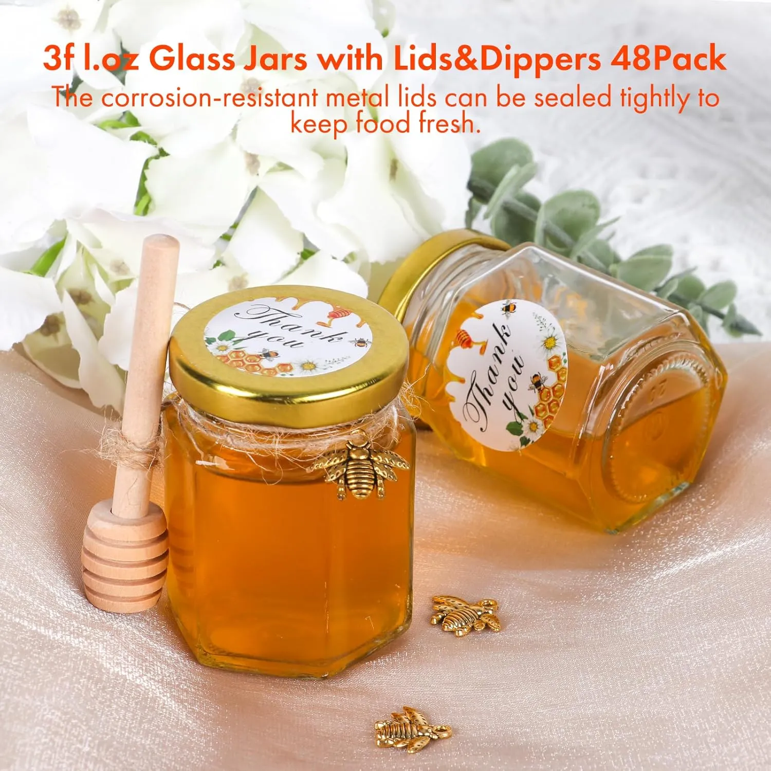 AuroTrends 3oz Honey Jars with Dipper 48Pack, Mini Honey Jars for Baby Shower Favors/Wedding Favors for Guests Bulk-Mini Glass Jars with Lids/Wooden Dippers (3 fl.oz-48Pack)