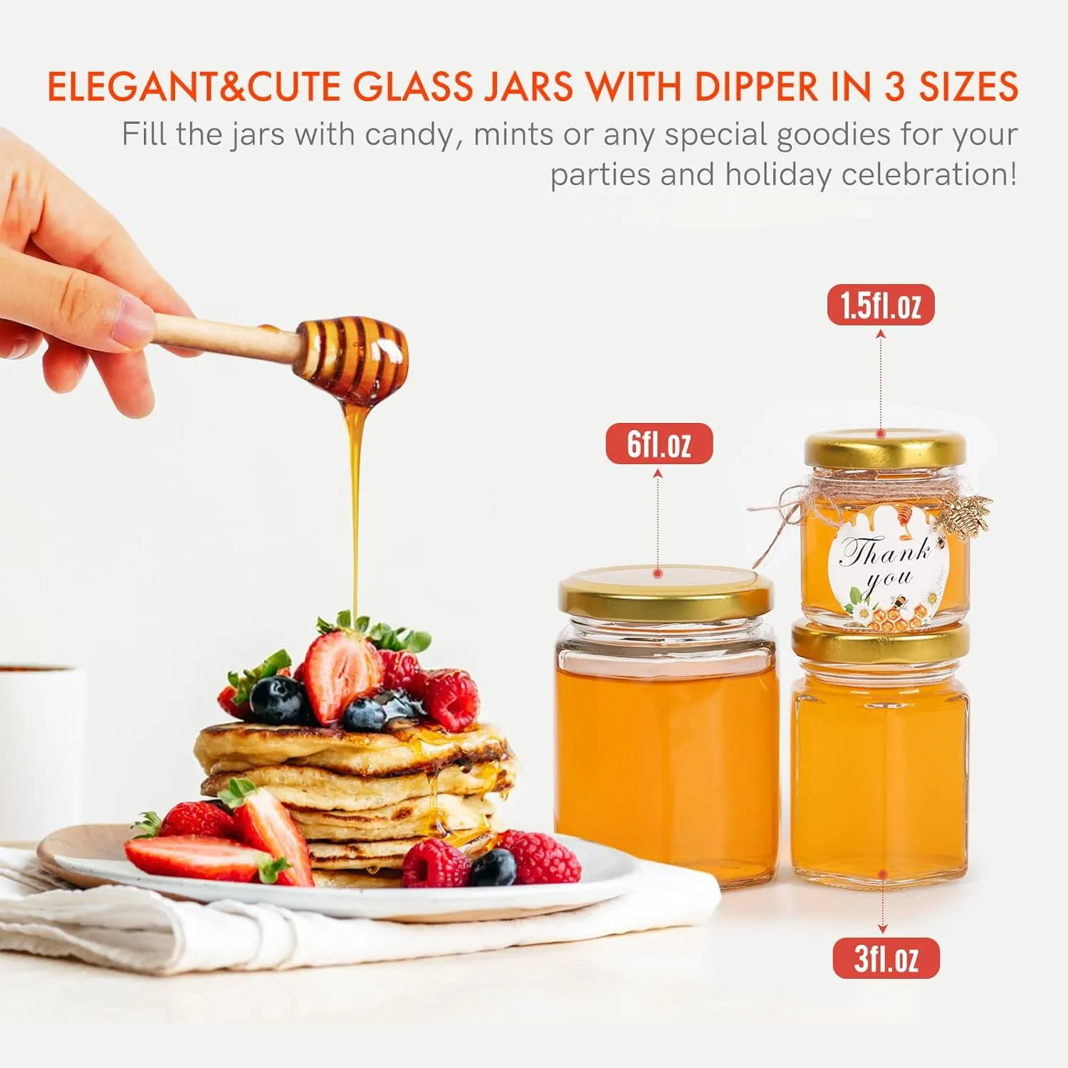 AuroTrends 3oz Honey Jars with Dipper 48Pack, Mini Honey Jars for Baby Shower Favors/Wedding Favors for Guests Bulk-Mini Glass Jars with Lids/Wooden Dippers (3 fl.oz-48Pack)