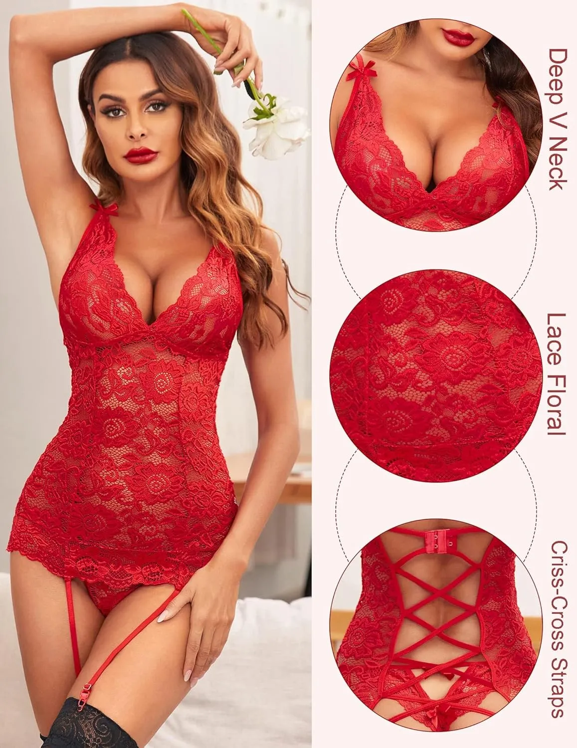 Avidlove Sexy Garter Lingerie for Women Mesh Chemise Lace Babydoll with Garter Mini Teddy Bodysuit (No Stocking)