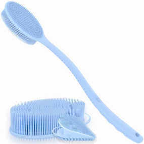 Avilana Style 2 Silicone Body Scrubber (Blue)   Long Handle Silicone Back Scrubber (Blue)   Gentle Face Scrubber (Blue) | Quick-Dry Shower Set for Full-Body & Daily Skincare Routine
