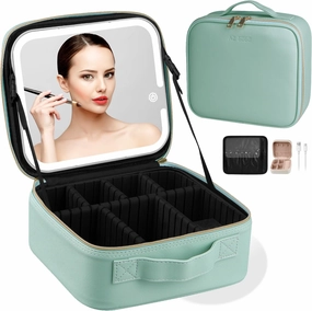 AZ GOGO Makeup Bag with Light up Mirror, Travel Makeup Train Case with Lighted Mirror 3 Color Brightness, Waterproof Portable Cosmetic Bag Organizer (Green)