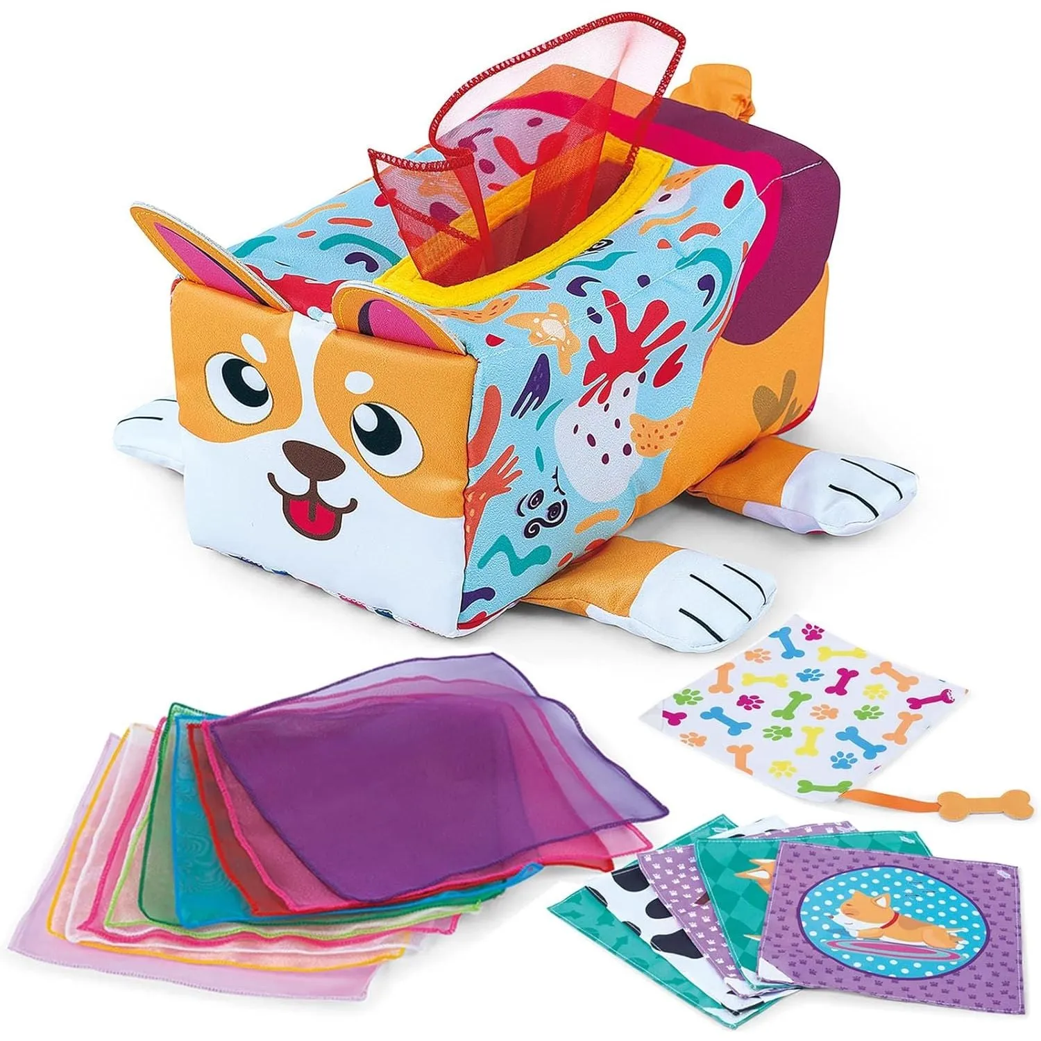 Baby Tissue Box Toy, Montessori Sensory Baby Toys for Babies 6 to 12 Months, Soft Educational Tissue Box with Crinkle Cards Colorful Scarves Early Learning 1 Year Old Boys Girls
