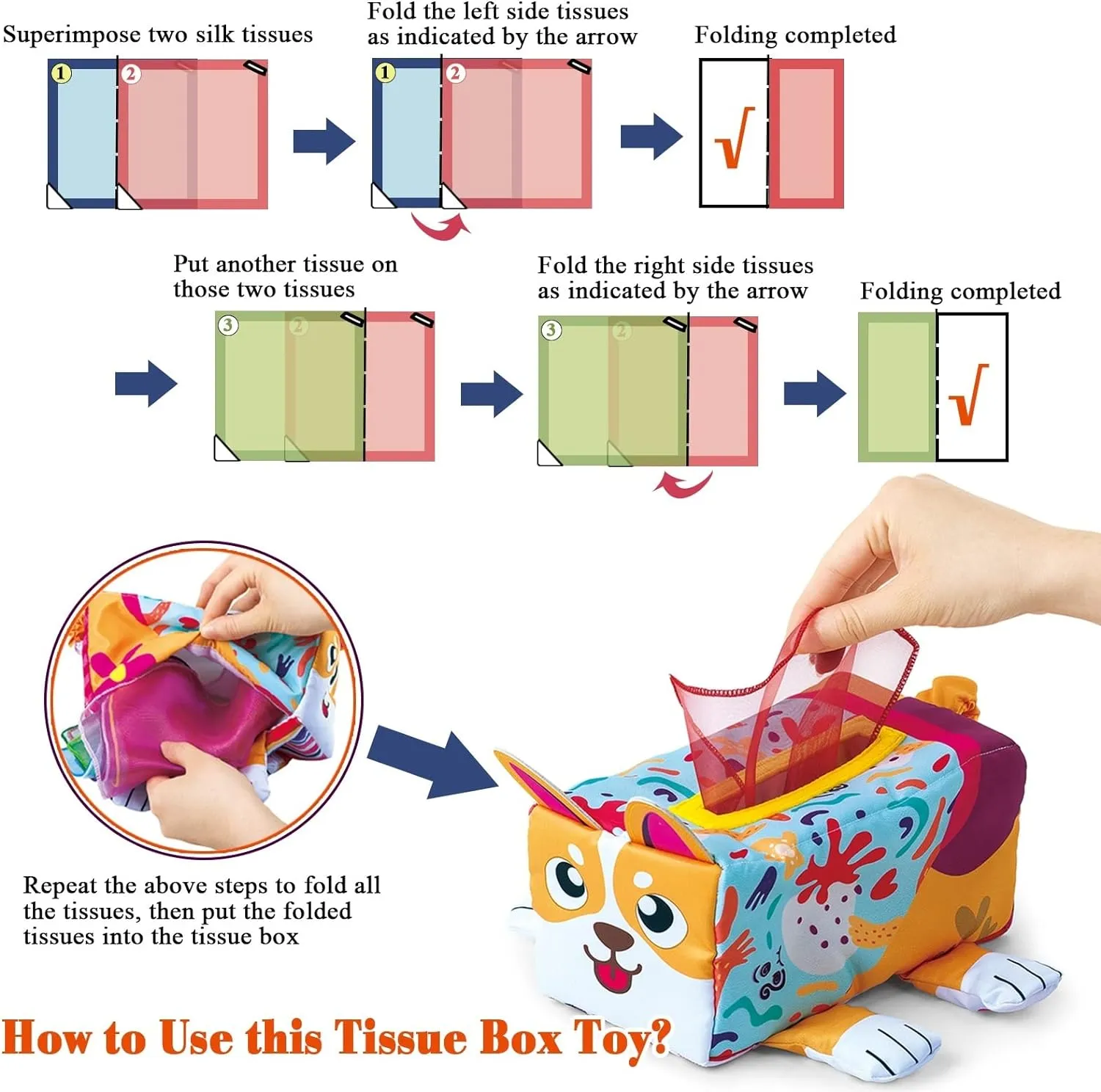 Baby Tissue Box Toy, Montessori Sensory Baby Toys for Babies 6 to 12 Months, Soft Educational Tissue Box with Crinkle Cards Colorful Scarves Early Learning 1 Year Old Boys Girls