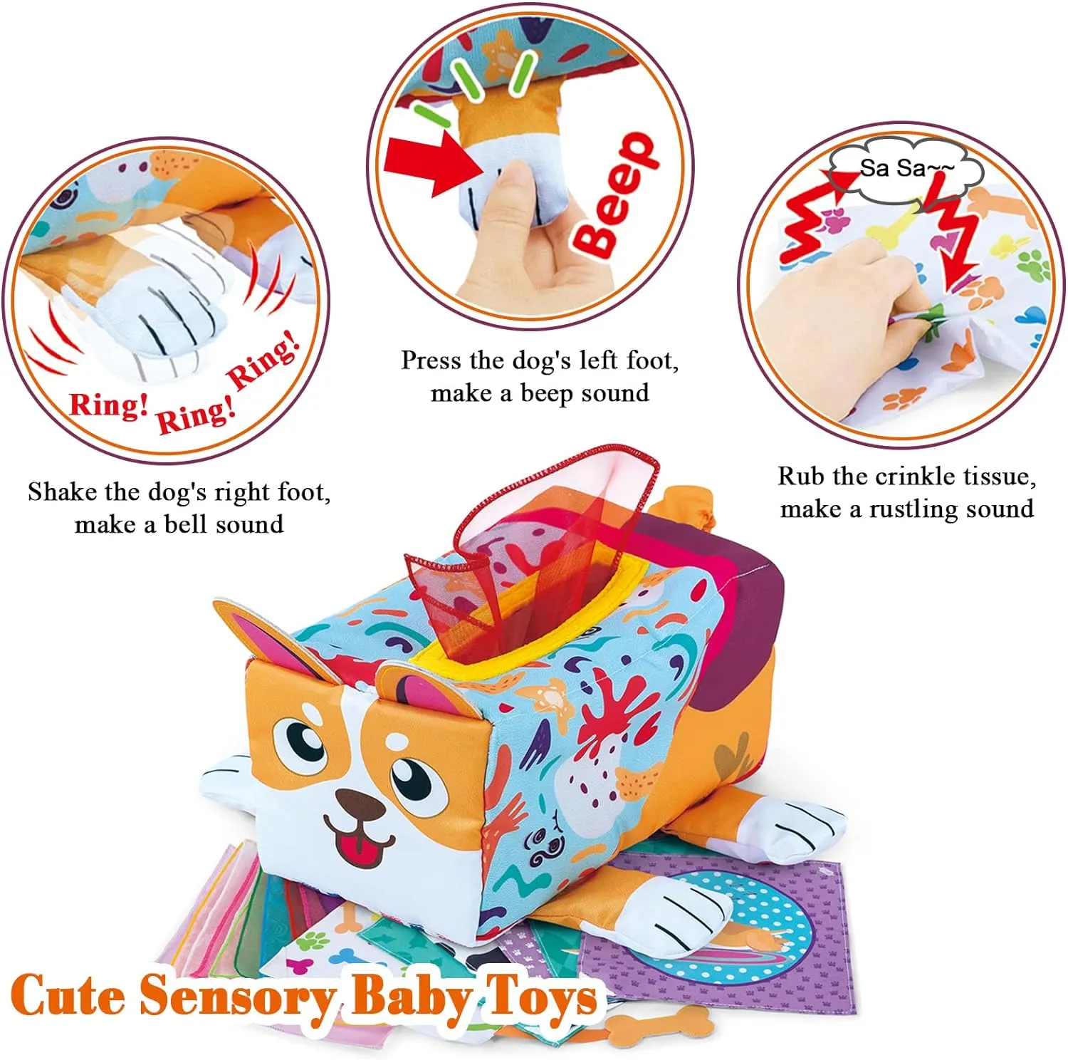 Baby Tissue Box Toy, Montessori Sensory Baby Toys for Babies 6 to 12 Months, Soft Educational Tissue Box with Crinkle Cards Colorful Scarves Early Learning 1 Year Old Boys Girls