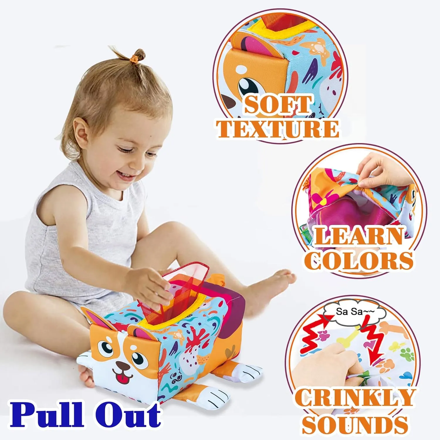 Baby Tissue Box Toy, Montessori Sensory Baby Toys for Babies 6 to 12 Months, Soft Educational Tissue Box with Crinkle Cards Colorful Scarves Early Learning 1 Year Old Boys Girls