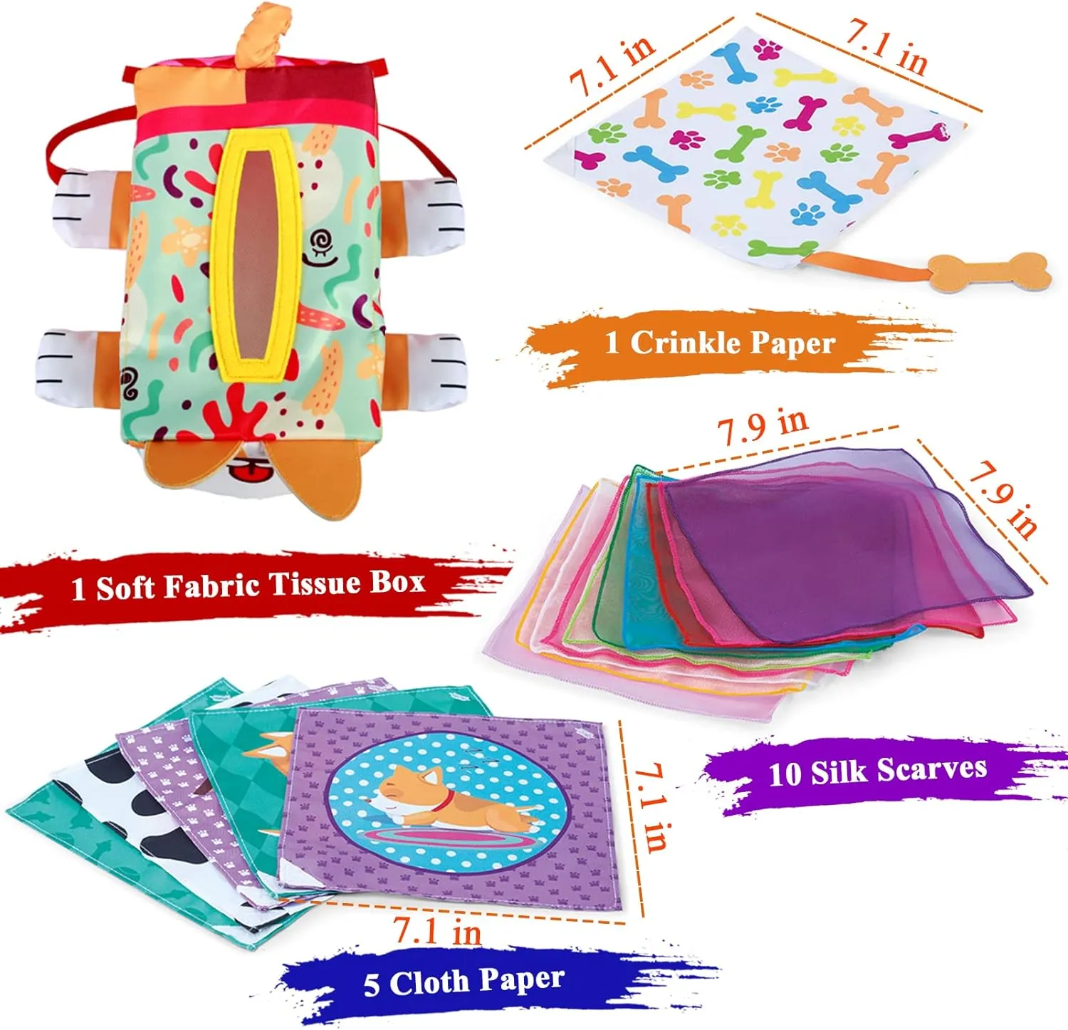 Baby Tissue Box Toy, Montessori Sensory Baby Toys for Babies 6 to 12 Months, Soft Educational Tissue Box with Crinkle Cards Colorful Scarves Early Learning 1 Year Old Boys Girls