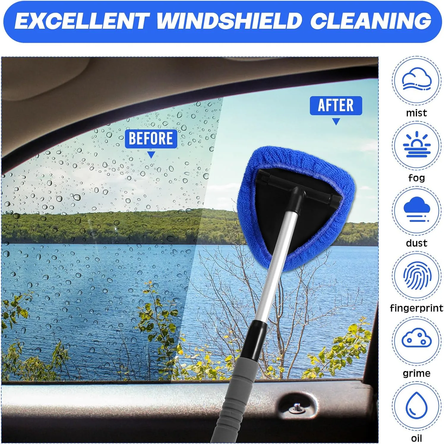 Baderke 8 Pcs Car Window Cleaner Kit Include Windshield Cleaning Tool with Extendable Handle 5 Microfiber Bonnets 1 Car Ventilation Brush 1 Empty 50ml Spray Bottle Glass Wiper Kit(Blue)