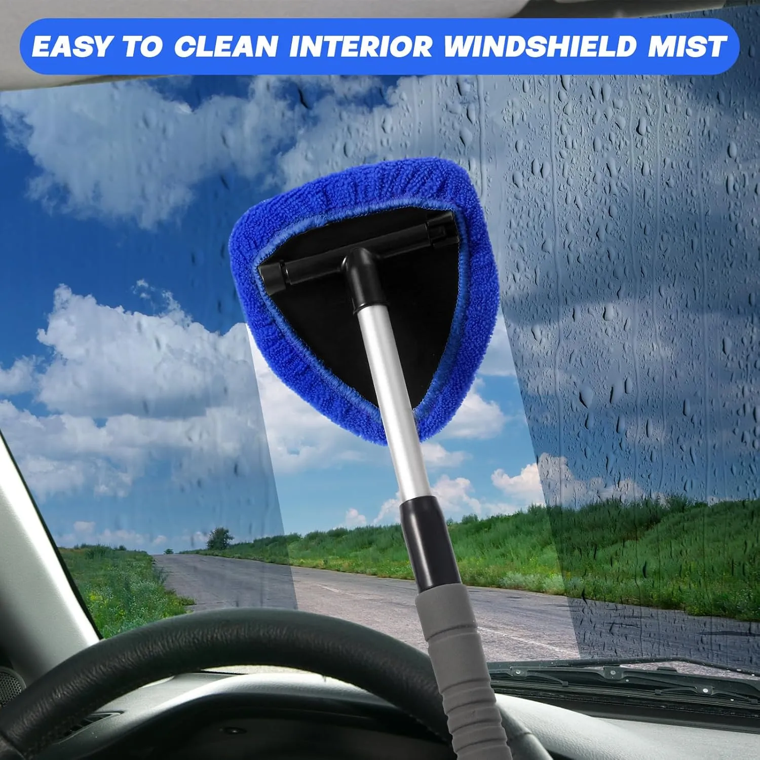 Baderke 8 Pcs Car Window Cleaner Kit Include Windshield Cleaning Tool with Extendable Handle 5 Microfiber Bonnets 1 Car Ventilation Brush 1 Empty 50ml Spray Bottle Glass Wiper Kit(Blue)