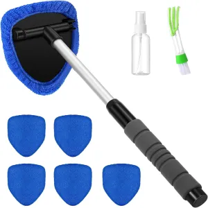 Baderke 8 Pcs Car Window Cleaner Kit Include Windshield Cleaning Tool with Extendable Handle 5 Microfiber Bonnets 1 Car Ventilation Brush 1 Empty 50ml Spray Bottle Glass Wiper Kit(Blue)