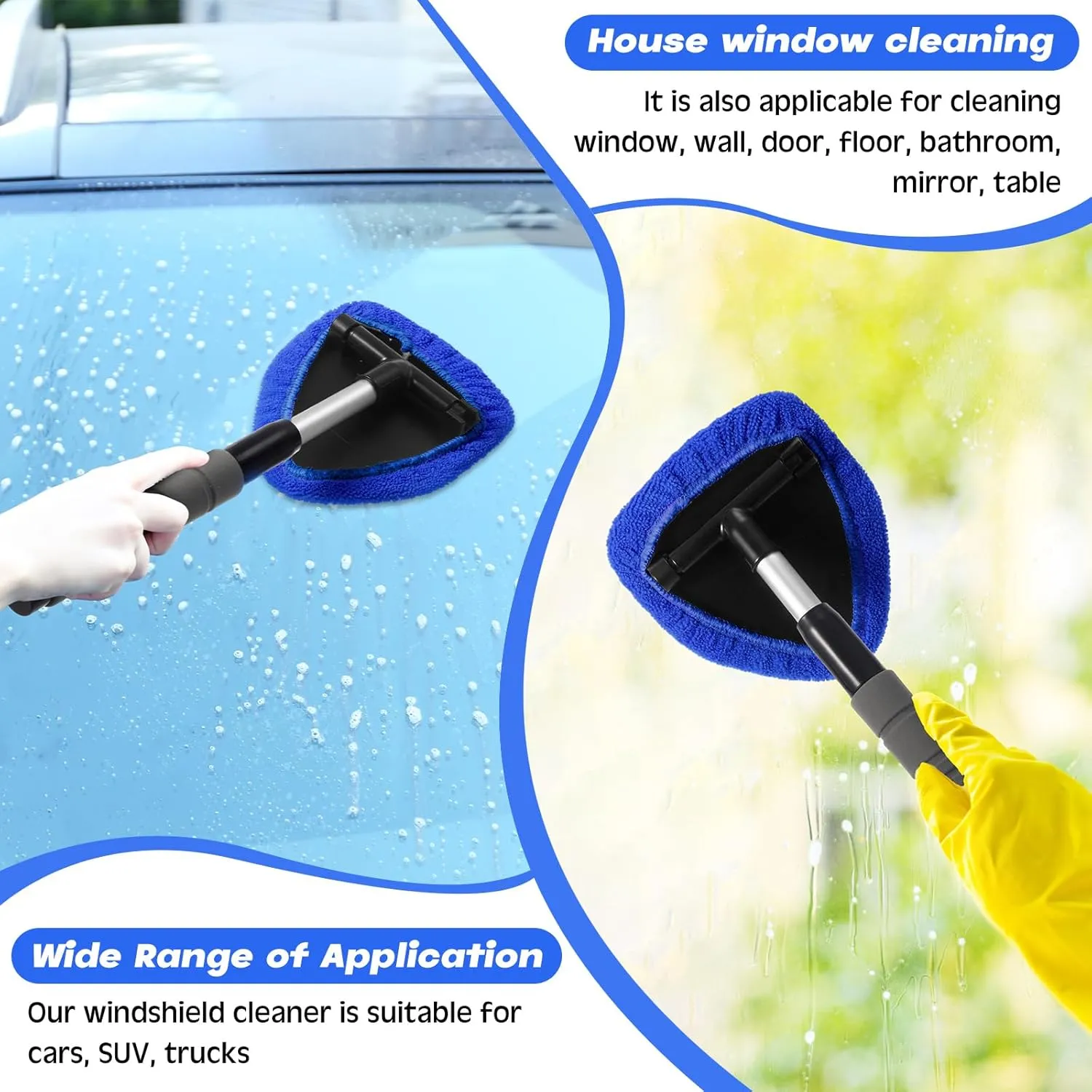 Baderke 8 Pcs Car Window Cleaner Kit Include Windshield Cleaning Tool with Extendable Handle 5 Microfiber Bonnets 1 Car Ventilation Brush 1 Empty 50ml Spray Bottle Glass Wiper Kit(Blue)