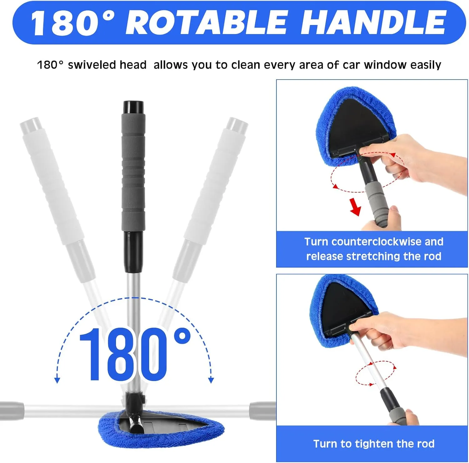 Baderke 8 Pcs Car Window Cleaner Kit Include Windshield Cleaning Tool with Extendable Handle 5 Microfiber Bonnets 1 Car Ventilation Brush 1 Empty 50ml Spray Bottle Glass Wiper Kit(Blue)