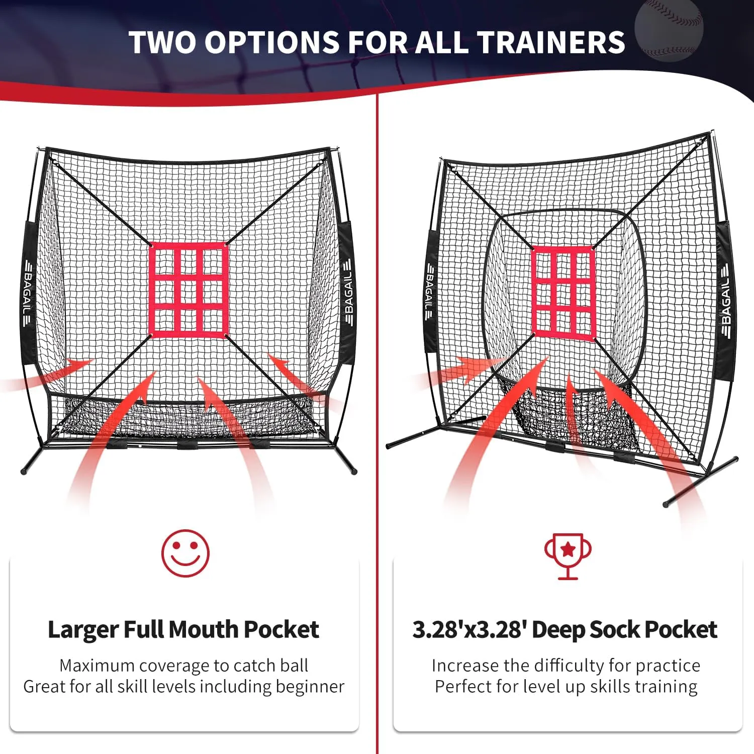 BAGAIL 7x7 ft Baseball & Softball Practice Net with Bow Frame for Batting, Hitting, Pitching, Portable Baseball Throwing Net with 2 Strike Zone Batting Tee, Carry Bag, Great for All Levels