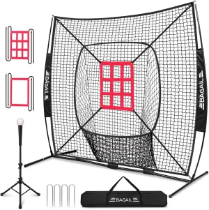 BAGAIL 7x7 ft Baseball & Softball Practice Net with Bow Frame for Batting, Hitting, Pitching, Portable Baseball Throwing Net with 2 Strike Zone Batting Tee, Carry Bag, Great for All Levels