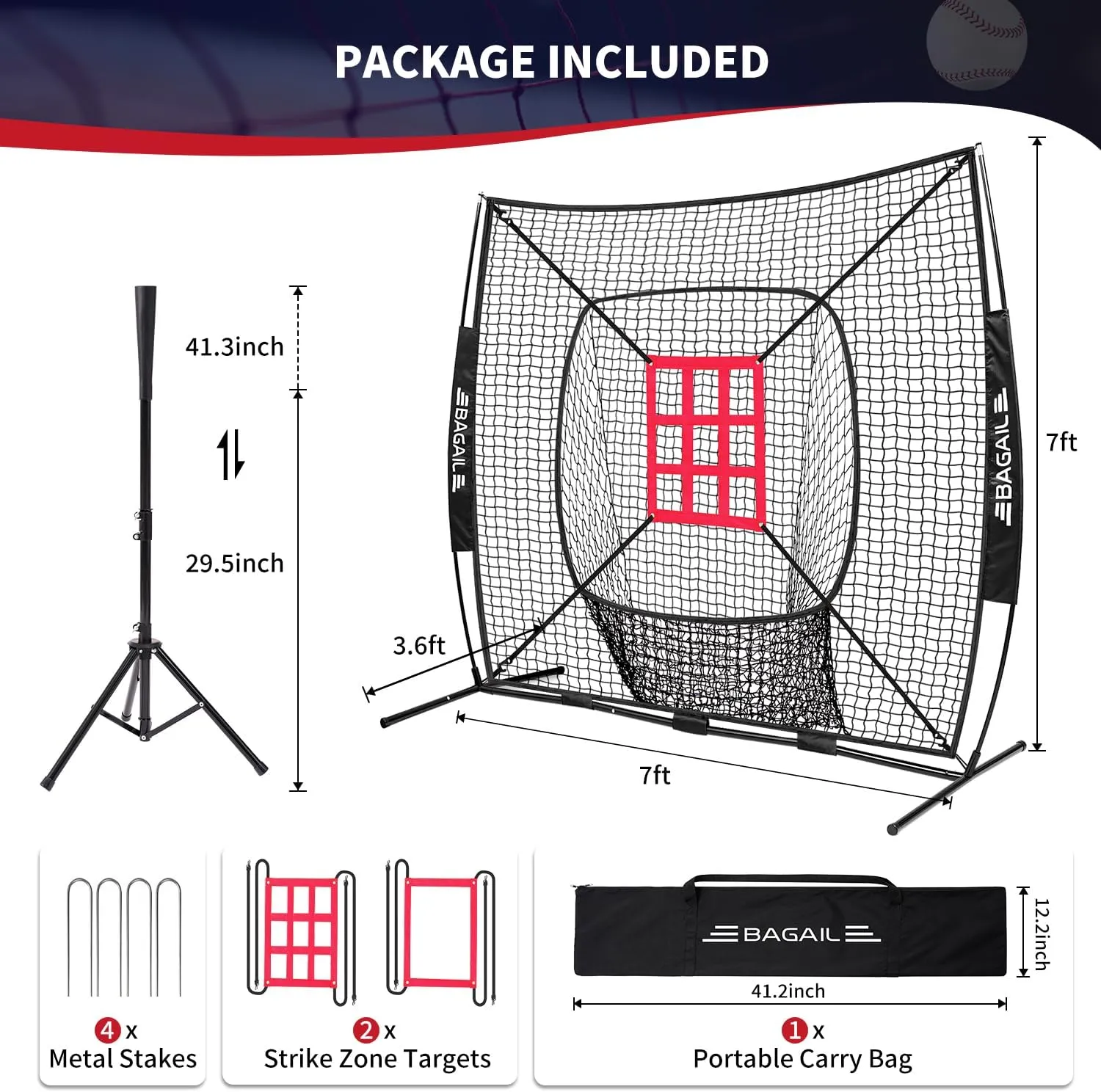 BAGAIL 7x7 ft Baseball & Softball Practice Net with Bow Frame for Batting, Hitting, Pitching, Portable Baseball Throwing Net with 2 Strike Zone Batting Tee, Carry Bag, Great for All Levels