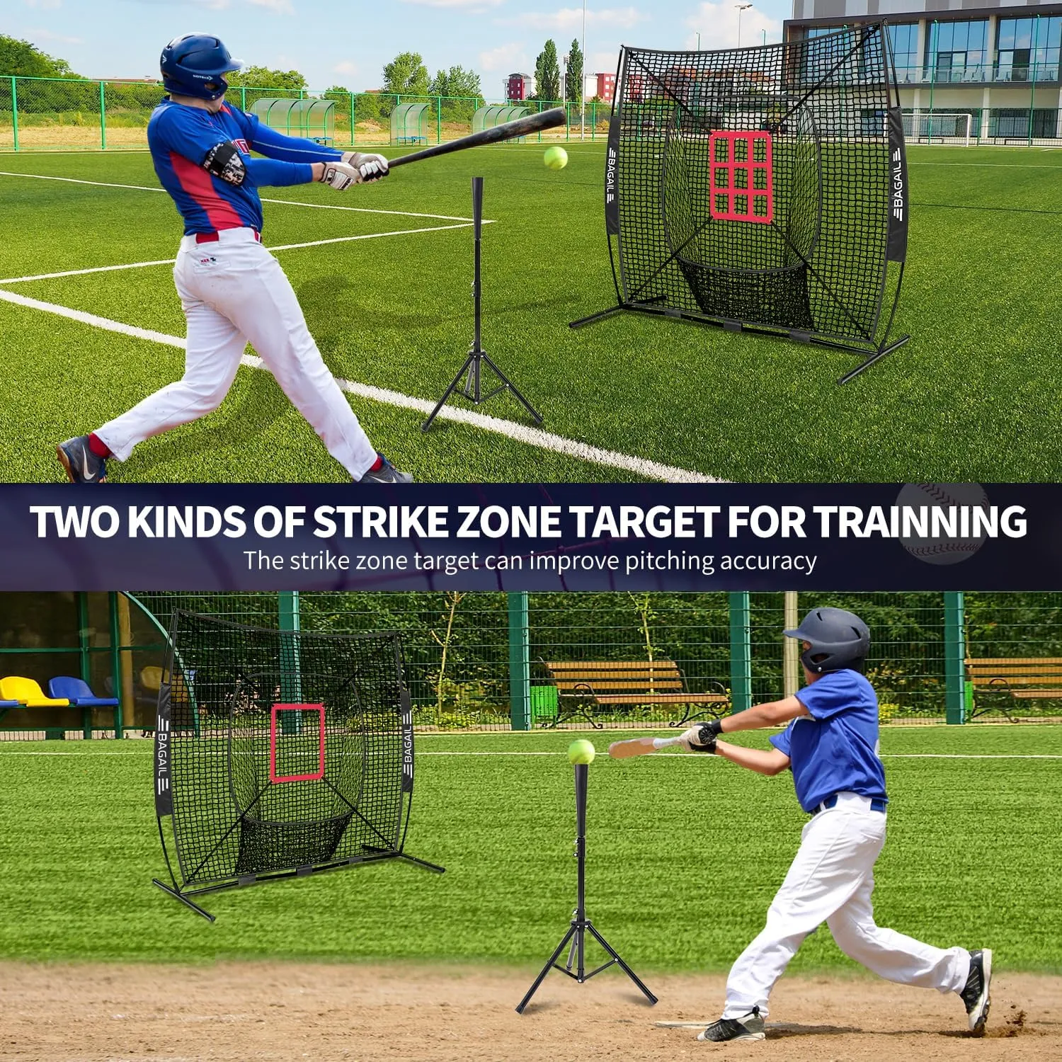 BAGAIL 7x7 ft Baseball & Softball Practice Net with Bow Frame for Batting, Hitting, Pitching, Portable Baseball Throwing Net with 2 Strike Zone Batting Tee, Carry Bag, Great for All Levels