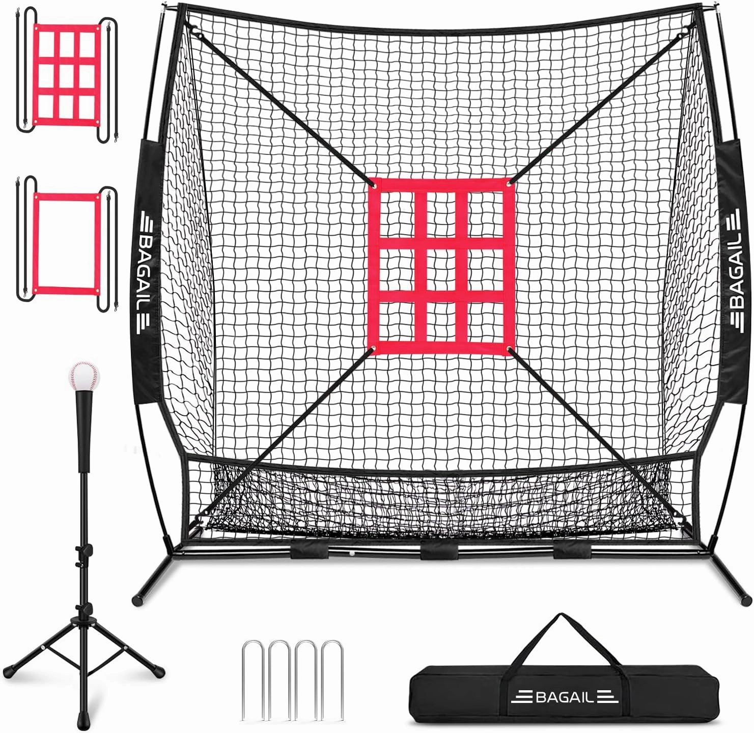BAGAIL 7x7 ft Baseball & Softball Practice Net with Bow Frame for Batting, Hitting, Pitching, Portable Baseball Throwing Net with 2 Strike Zone Batting Tee, Carry Bag, Great for All Levels