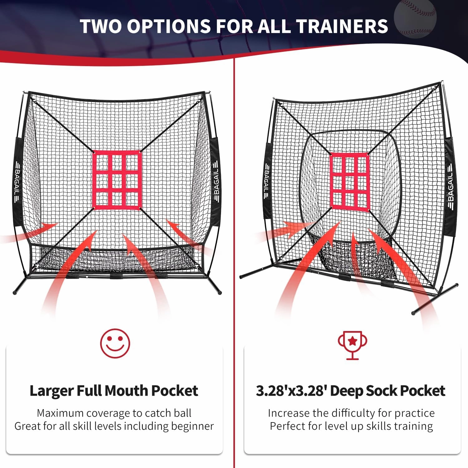 BAGAIL 7x7 ft Baseball & Softball Practice Net with Bow Frame for Batting, Hitting, Pitching, Portable Baseball Throwing Net with 2 Strike Zone Batting Tee, Carry Bag, Great for All Levels