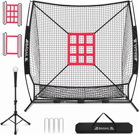 BAGAIL 7x7 ft Baseball & Softball Practice Net with Bow Frame for Batting, Hitting, Pitching, Portable Baseball Throwing Net with 2 Strike Zone Batting Tee, Carry Bag, Great for All Levels
