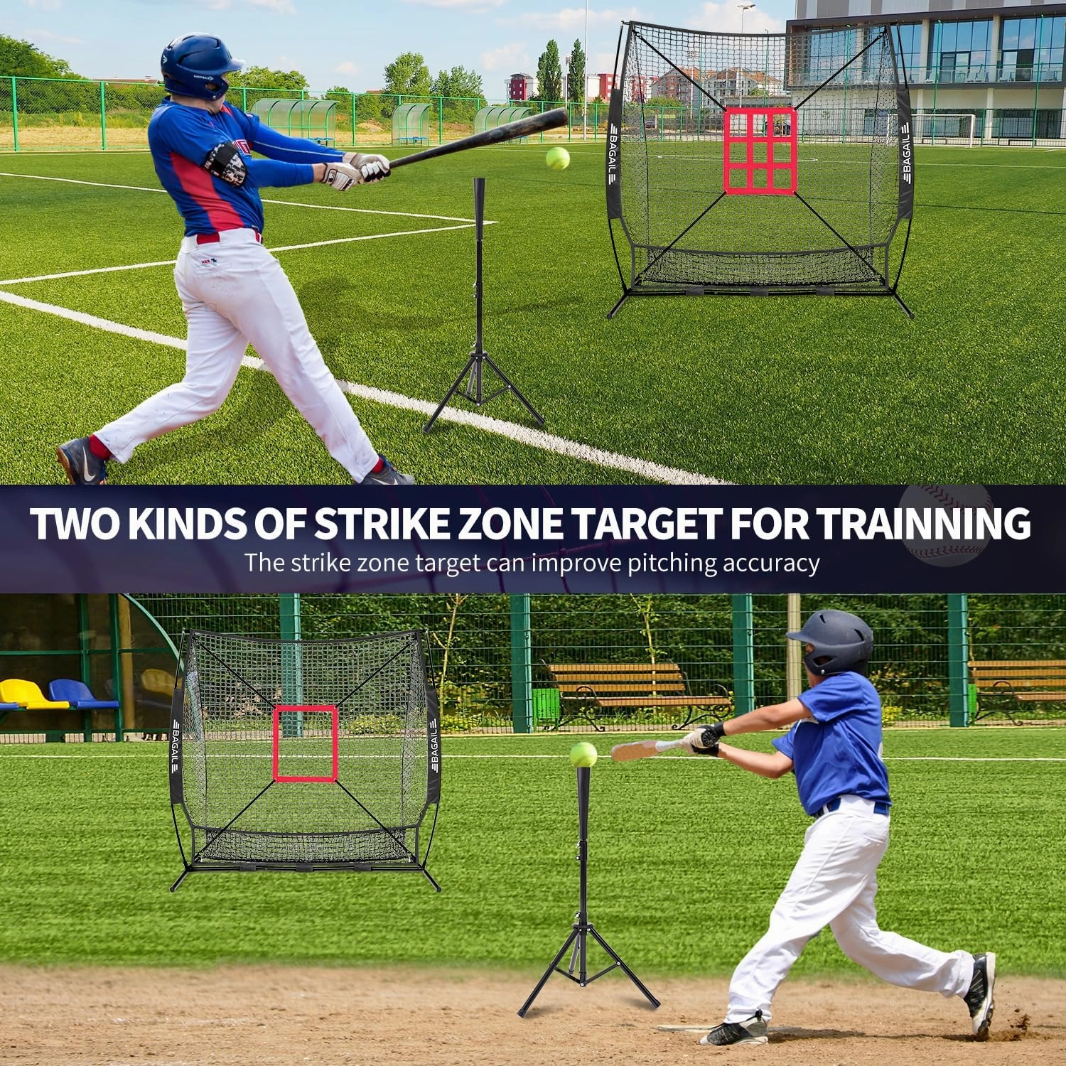 BAGAIL 7x7 ft Baseball & Softball Practice Net with Bow Frame for Batting, Hitting, Pitching, Portable Baseball Throwing Net with 2 Strike Zone Batting Tee, Carry Bag, Great for All Levels