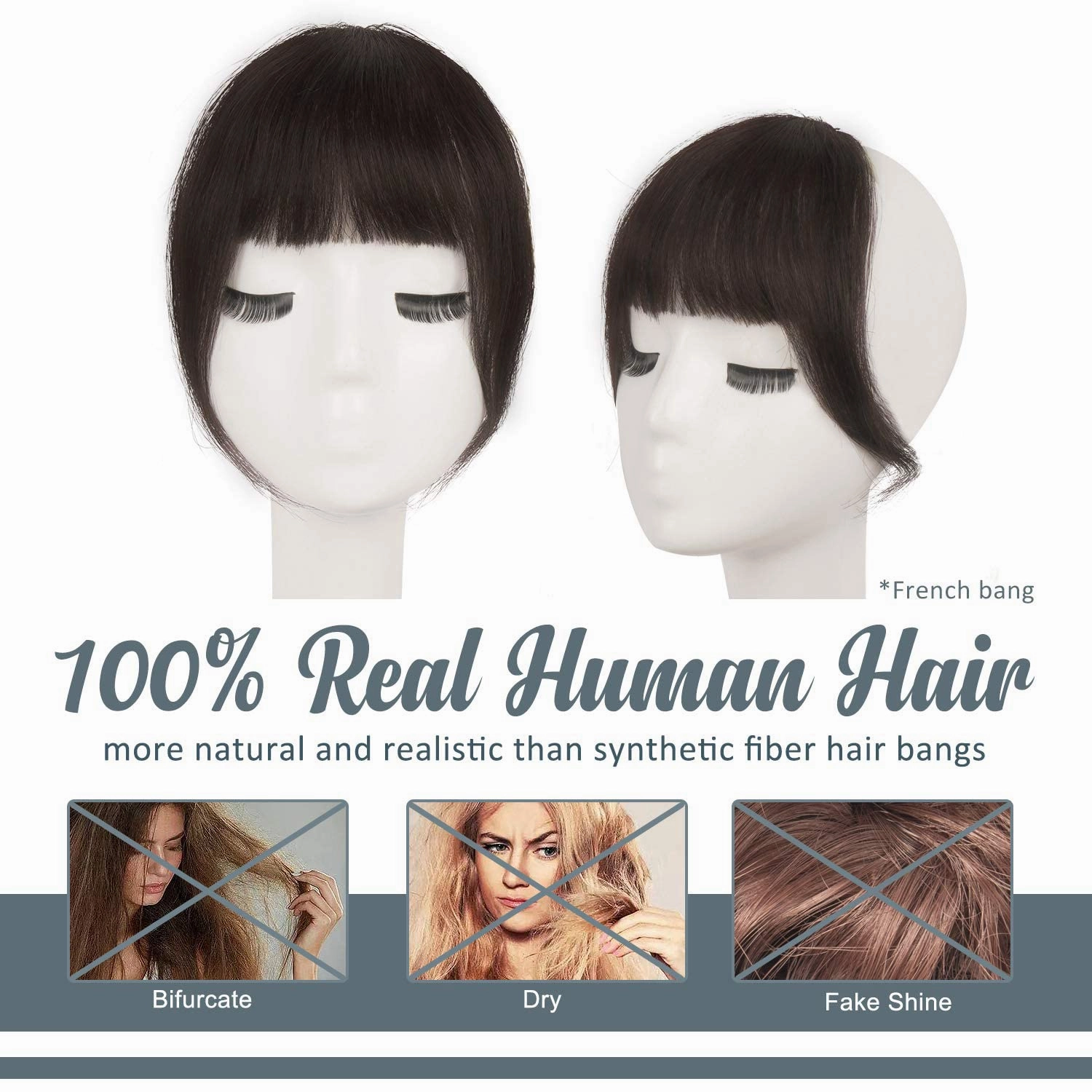 BARSDAR Human Hair Clip in Bangs - 100% Real Human Hair Clip in Bangs for Women - Darker Brown French Bangs Extensions Fringe with Temples Real Hair Bangs Hairpieces - Darker Brown