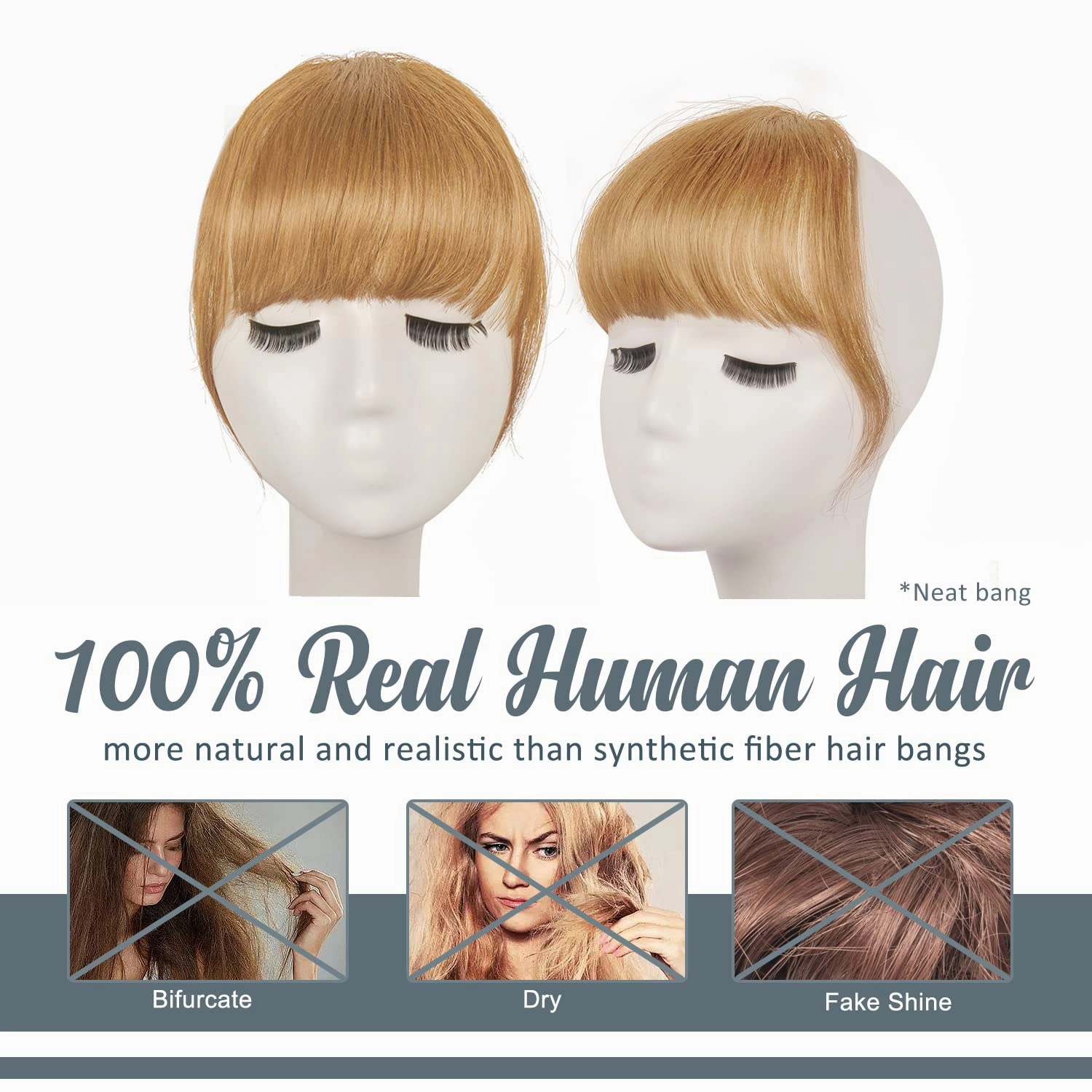 BARSDAR Real Human Hair Clip in Bangs - Human Hair Clip in Bangs for Women - Golden Blonde Thick Bangs Extensions Fringe with Temples Dyeable Real Hair Bangs Hairpieces - Dark Golden Blonde