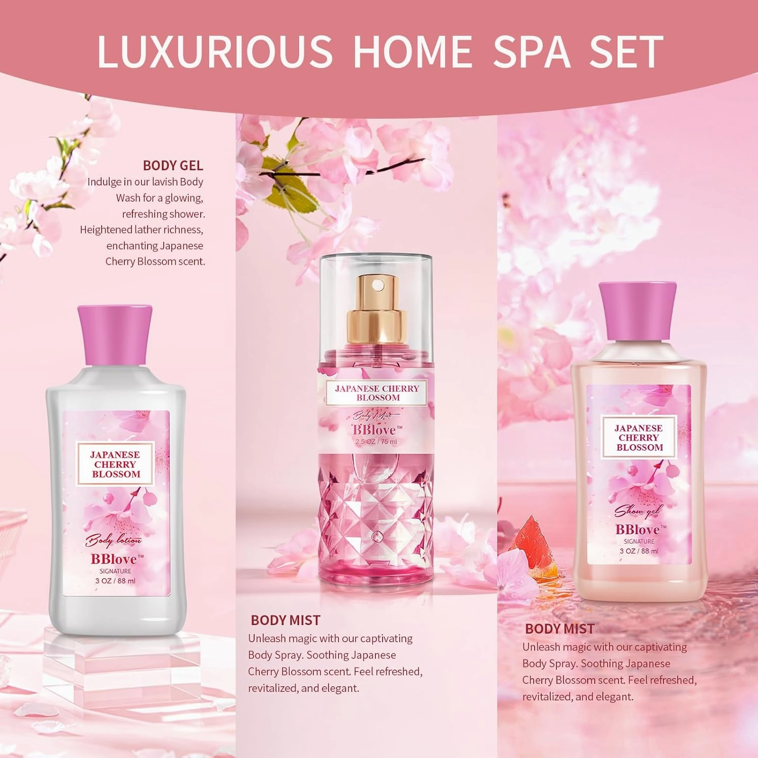 Bath and Body Gift Set for Women & Girls, Japanese Cherry Blossom, 3PCS Set for - Shower Gel, Body Lotion, Body Mist, Body Care Travel Set