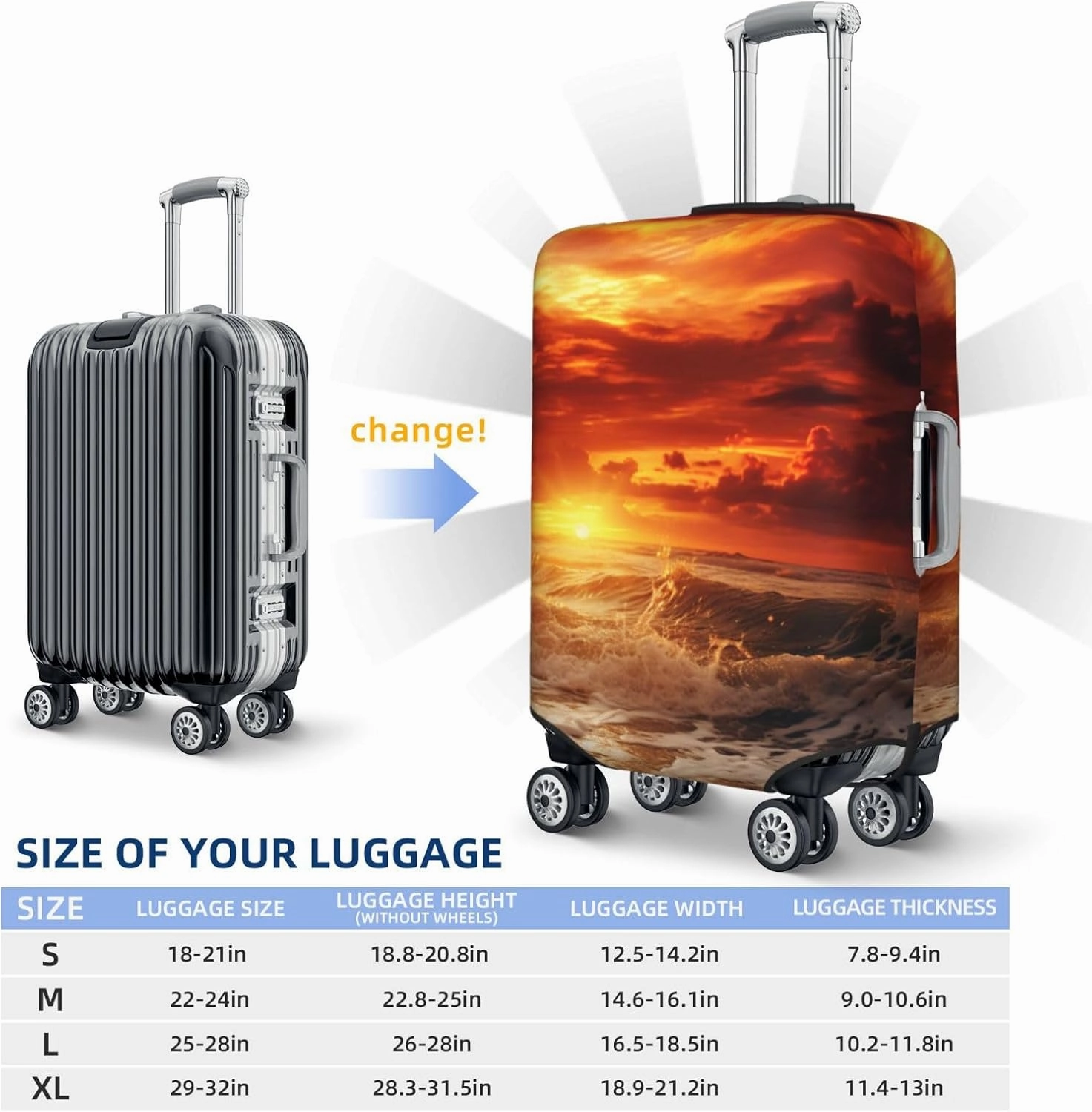 Beach Sunset Travel Luggage Suitcase COVER, Washable Suitcase COVERS Elastic, S - Fits 18-21 inch luggage (No Suitcase)