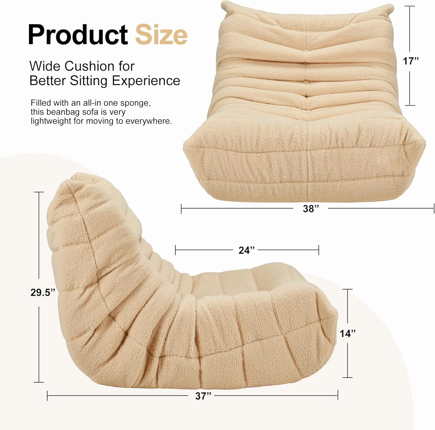 Bean Bag Chairs for Adults Giant Bean Bag Chair Memory Foam BeanBag Chair Big Bean Bag Sofa with Filler Faux Fur Fireside Beanbags Lazy Sofa for Living Room Bedroom Dorm Office (Khaki Teddy)