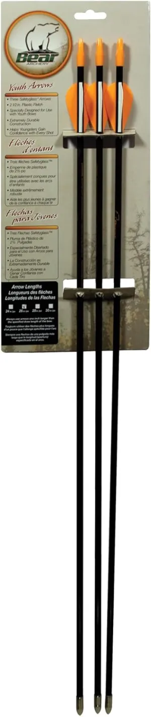 Bear Archery Youth Safety Glass Arrows, Durable & Splinter-Free Fiberglass Arrows, Nocks and Points Included, Pre-Fletched with Vanes, America's No. 1 Youth Archery Brand