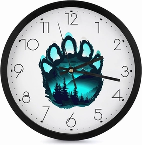 Bear Paw Silhouette Nature Tree Mountain Wall Clock 10 Inch Silent Non-ticking Battery Operated Decorative Clock for Kitchen Bedroom