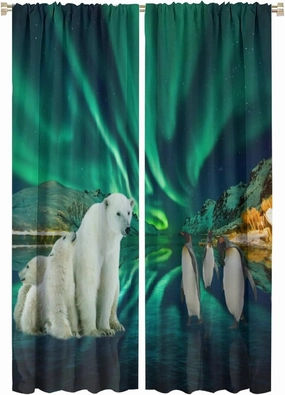 Beautiful Colorful Aurora Curtains,Rustic Nature Scenery Snowy Mountain Forest Cute Polar Bear Penguin Window Treatments Thermal Insulated Rod Pocket Blackout Curtains 2 Panels 63" L x 21" W